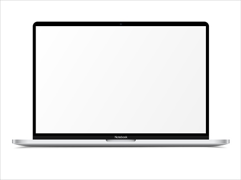 Realistic Silver White Notebook with Blank Screen. 16 inch Scalable Laptop computer. Can be Used for Project, Presentation. Blank Device Mock Up. Separate Groups and Layers. Easily Editable EPS Vector