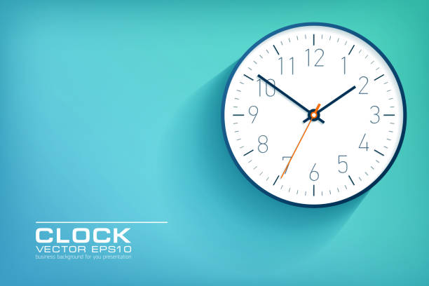 Realistic simple Clock in flat style with numbers, watch on green and blue background. Business illustration for you presentation. Vector design object. Realistic simple Clock in flat style with numbers, watch on green and blue background. Business illustration for you presentation. Vector design object. clock stock illustrations