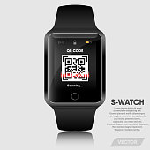 Realistic smart watch modern design and application QR code reading., Vector, Illustration.