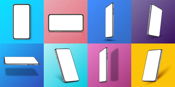 ilustrações de stock, clip art, desenhos animados e ícones de realistic smartphone mockup. device ui/ux mockup for presentation template. . cellphone frame with blank display isolated templates, phone different angles views. 3d isometric illustration cell phone - iphone