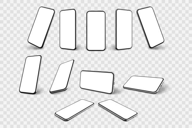 Realistic smartphone mockup set collection Realistic smartphone mockup. llustration of realism style drawn cellphone frame with blank display templates Collection of portable mobile device from different angles views on transparent background. angle stock illustrations