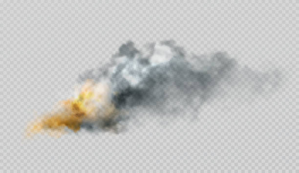 ilustrações de stock, clip art, desenhos animados e ícones de realistic smoke and fire shapes on a black background. vector illustration - incêndio fumo