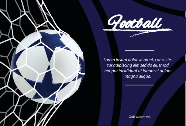 Realistic soccer ball in net isolated on black background. Classic football ball Realistic soccer ball in net isolated in black background. Blue football ball. classic black white soccer ball clip art stock illustrations