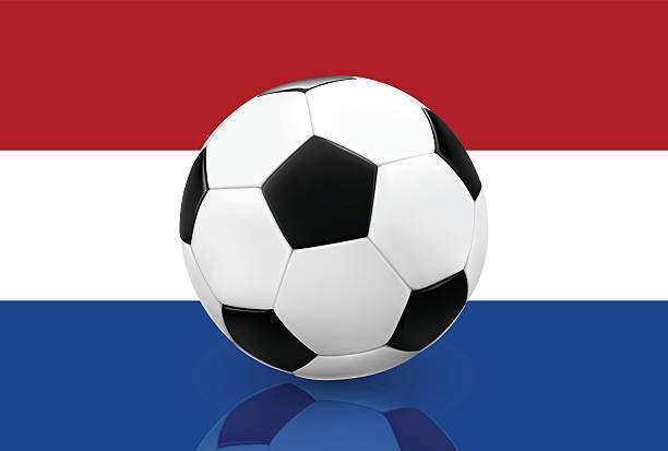 Realistic soccerball on a Netherlands flag background Realistic soccer ball / football on a Netherlands flag banner background. Vector illustration. background of a classic black white soccer ball stock illustrations