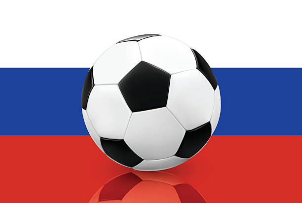Realistic soccerball on a Russian flag background Realistic soccer ball / football on a Russian flag banner background. Vector illustration. background of a classic black white soccer ball stock illustrations