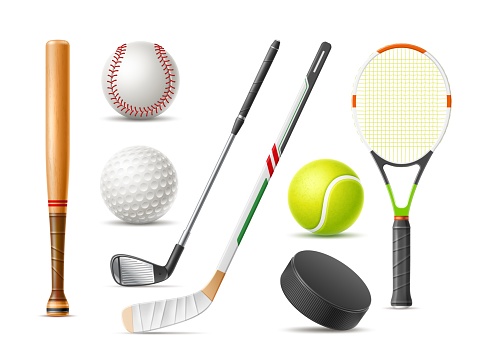 Realistic sport inventory. Wooden baseball bat. Tennis racket and ball. Hockey stick or golf accessories. Playing puck and steel putter. Vector professional competitive game equipment set