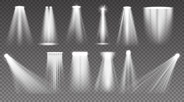 Realistic spotlight. Shiny light ray and stage projector beam. Glow effects. Bright transparent lamp and white sun glitter. Luminous floodlight templates. Vector scene lighting set vector art illustration