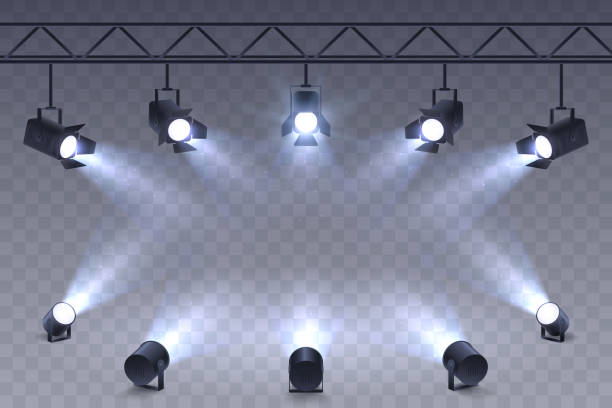 Realistic Spotlights isolated on transparent background. Scene illumination. Suspended and standing lighting. Elements for photo studio, show, scene. Vector illustration. vector art illustration