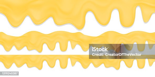 istock Realistic stock vector seamless horizontal border of melted cheese or cheese fondue.Decoration element for melted cheese or butter. 1319240387
