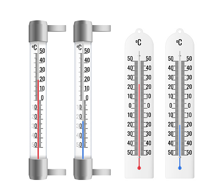 Realistic thermometers set. Outdoor and indoor celsius thermometers for temperature and weather