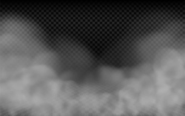 Realistic thick fog or dense smoke swirling below Realistic thick fog or dense smoke swirling below, a thick mist or heavy cloud vector effect isolated on a transparency grid smoke stock illustrations