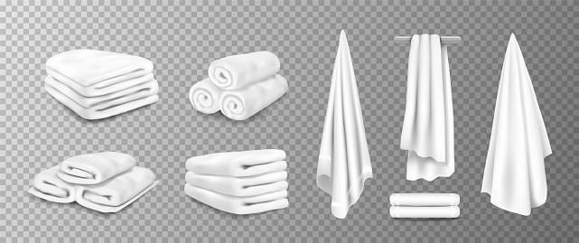 Realistic towels. 3D bathroom terry cloth. Rolled or stacked soft fabric on transparent background. Textile toiletries hanging on hangers. Vector cotton material for wiping after shower
