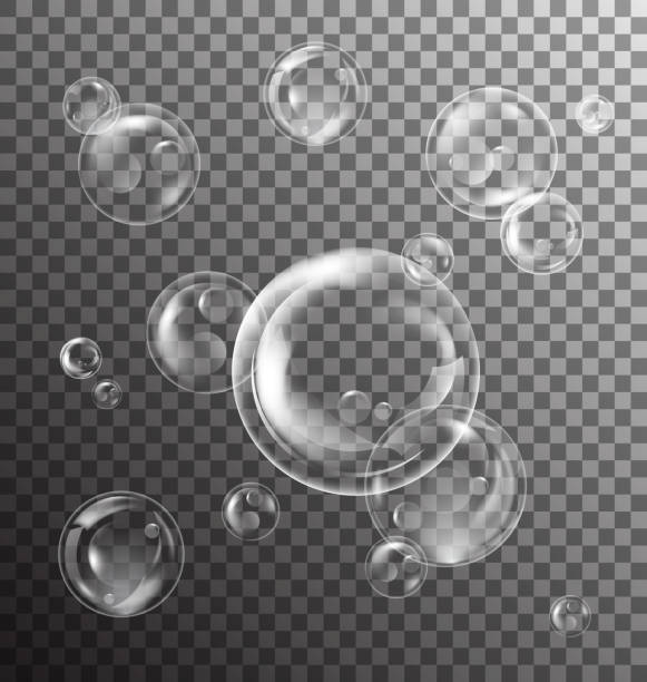 Realistic Transparent Soap Bubbles with Reflection on Checkered Background vector art illustration