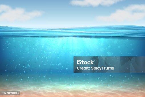 istock Realistic underwater background. Ocean deep water, sea under water level, sun rays blue wave horizon. Surface 3D vector concept 1127091003