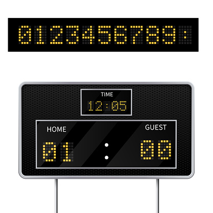 Realistic vector 3D digital modern sports scoreboard. Digital led display to displaying  the result of the game. As well as a set of numbers for the scoreboard