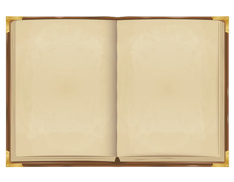 realistic vector. an old open book bound in leather with metal corners. blank pages of yellow parchment paper. isolated on white background