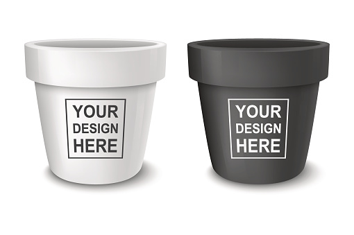 Realistic vector black and white empty flower pot set. Closeup isolated on white background. Design template for branding, mockup. EPS10