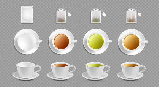 Realistic vector cups of hot aromatic tea set. Vector realistic white porcelain, ceramic tea cups isolated on transparent background. Top and front view