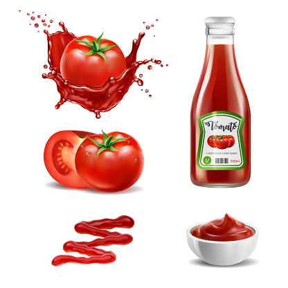 Realistic vector elements set of red tomatoes, splash of tomato juice, ketchup bottle, whole and a slice of tomato, squeezed out sauce line and sauce in the bowl