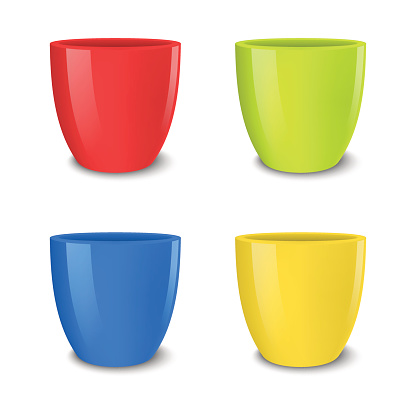 Realistic vector empty flower pot set, bright colors - red, green, blue and yellow . Closeup isolated on white background. Design template for branding, mockup. EPS10