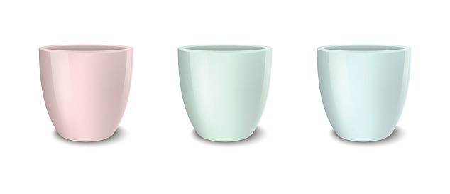 Realistic vector empty flower pot set, pastel colors - pink, green and blue. Closeup isolated on white background. Design template for branding, mockup. EPS10