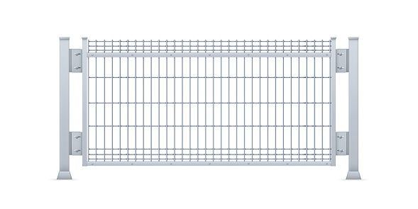 Realistic vector galvanized sheet metal fence panel. Rectangular  steel mesh V type.