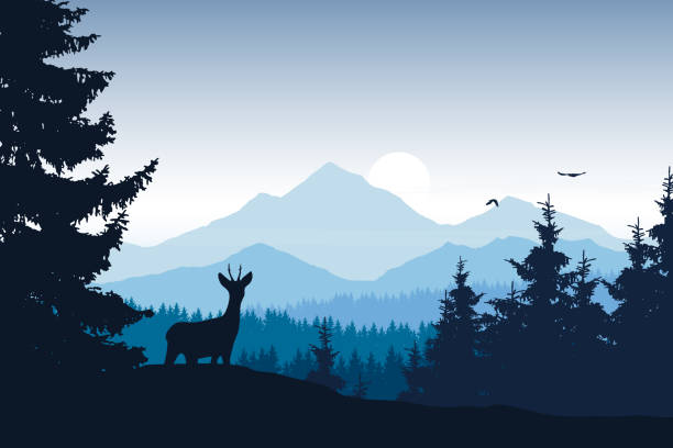 Realistic vector illustration of mountain landscape with forest, deer and eagle Realistic vector illustration of mountain landscape with forest, deer and eagle dusk stock illustrations