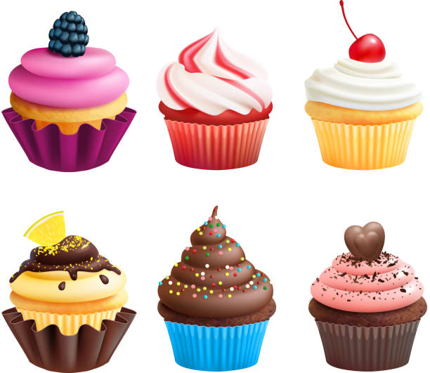 Realistic vector illustrations of cupcakes. Sweets for birthday party Realistic vector illustrations of cupcakes. Sweets for birthday party. Sweet dessert food and birthday yummy cupcake of set cupcake stock illustrations