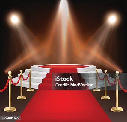 istock Realistic vector red event carpet, gold barriers and white stairs isolated on white background. Design template, clipart in EPS10 826084590