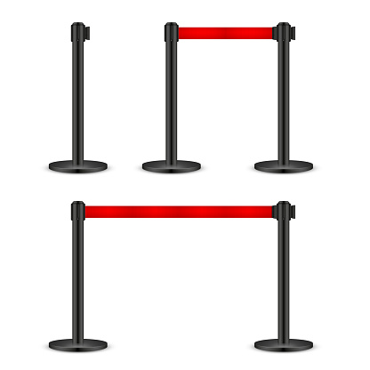Realistic vector retractable belt stanchion. Crowd control barrier posts with caution strap. Queue lines. Restriction border and danger tape