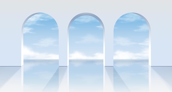 3d realistic vector white arches with a view on the blue sky.