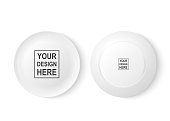 Realistic vector white food dish plate icon set front and back view closeup. Design template, mock up for graphics, printing etc. Top view.