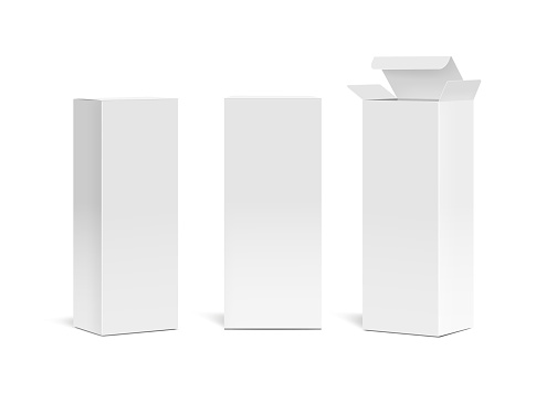 Realistic vertical medical cosmetic paper boxes. High white cardboard box mock up.