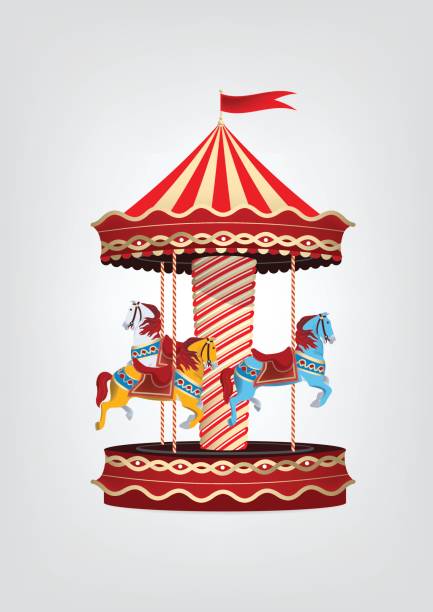 illustrations, cliparts, dessins animés et icônes de carrousel de vintage réaliste avec des chevaux bleus, orange et blancs. - manège