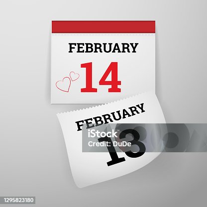 istock Realistic wall calendar with falling page revealing Valentine's day date 1295823180