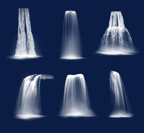 Realistic waterfalls or water fall cascades Waterfalls and water fall cascades realistic vector design of mountain river streams falling down with splashes, fog or mist and drops. Ledge, plunge and horsetail waterfalls on blue background cataract stock illustrations
