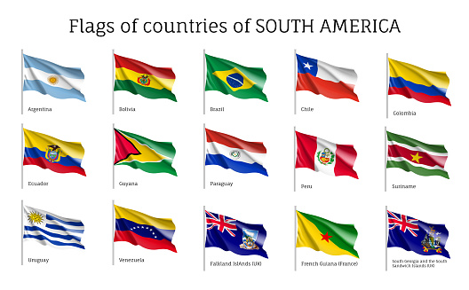 Realistic waving flags of South America continent