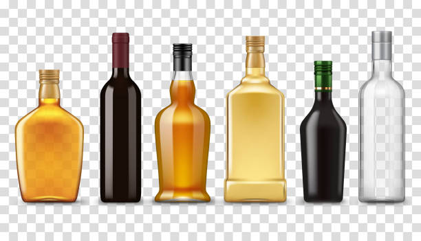 Realistic whiskey, vodka, rum and wine bottles Alcohol realistic drink bottles, vector isolated 3D mockup objects. Premium quality alcohol drink bottles of whiskey, vodka, wine and liquor, rum and scotch, tequila, vermouth and cocktail beverages brandy stock illustrations