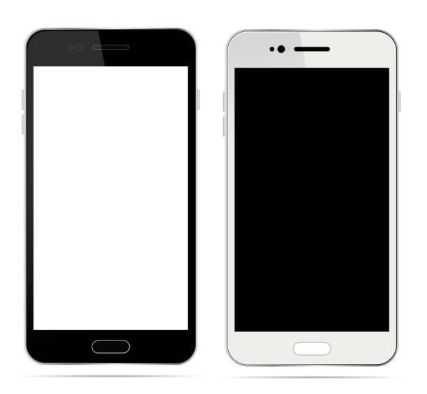 ilustraciones, imágenes clip art, dibujos animados e iconos de stock de realista smartphone blanco y negro con pantalla táctil en blanco aislada en fondo blanco. ilustración de vector - ciborg