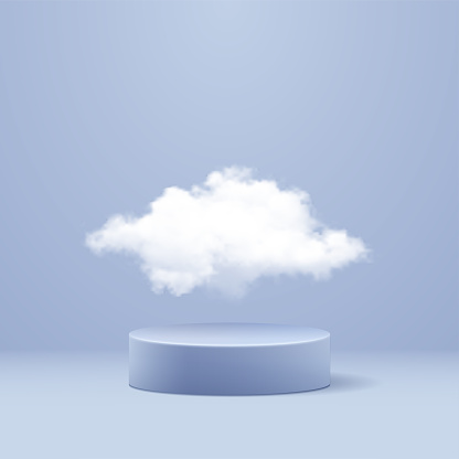 Realistic white fluffy cloud and product podium on pastel blue background. Mock-up for your design. Vector illustration.