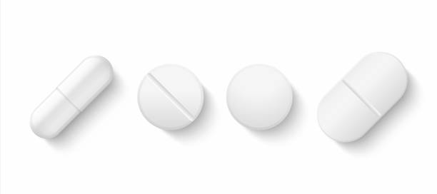 Realistic white pills. 3D drugs medicine capsules and vitamins, healthcare pharmacy tablets. Vector different isolated medicines Realistic white pills. 3D drugs medicine capsules and vitamins, healthcare pharmacy tablets. Vector different isolated painkillers medicines on white background pill stock illustrations