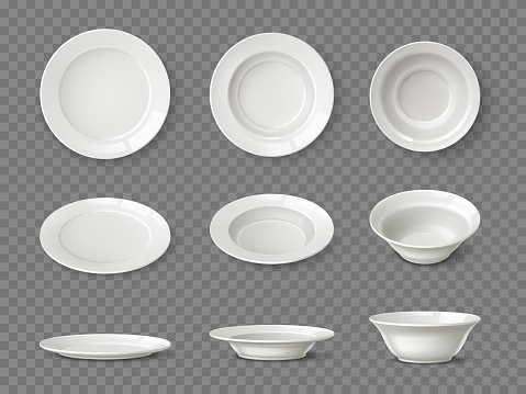 Realistic white plates. Different view angles ceramic dishes. 3D tableware clear mockup. Isolated porcelain round bowls. Food pottery objects. Home or restaurant empty dishware. Vector utensil set