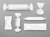 Realistic white blank package for chocolate, candies, lollipops and pouch sweets production. 3d vector food snack packaging mockup, design elements. Candy wrappers set isolated on grey background.