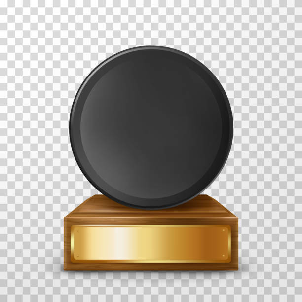 Realistic winner hockey puck award on pedestal Winner hockey trophy award on wooden stand with empty plate, isolated on background. Black puck on pedestal with golden nameplate. Award prize for victory in ice hockey competition,realistic 3d vector base sports equipment stock illustrations