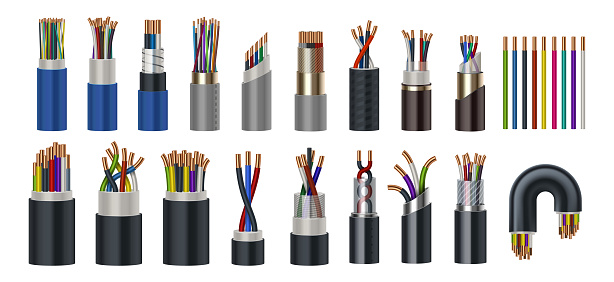 Realistic wires. Flexible electric cables with different isolation types. 3D coaxial bundles of twisted colorful power cords. Stranded electrical conductors with metal core, vector set
