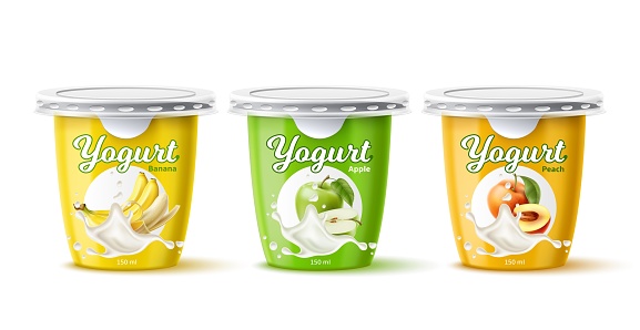 Realistic yogurt package design. Fruits milk dessert plastic containers. Natural Greek products. Banana, peach and apple tastes. Isolated closed jars. Vector sweet cream food packaging set