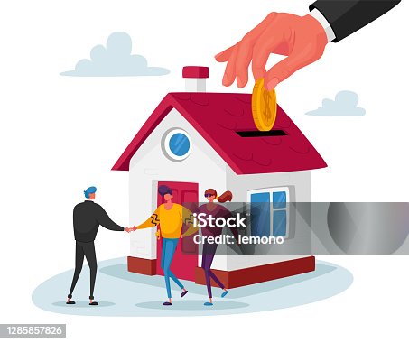 istock Realtor Selling House to Couple Buying Home. Manager Male Character Make Deal with Owner of House Giving Key, Mortgage 1285857826