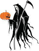 Scary soul reaper holding a Halloween Jack O Lantern. Derived from my hand drawn sketch. More Halloween Series Lightbox
