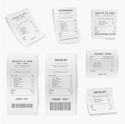 A set of a receipt of sale on paper isolated on white background. All design elements are on different layers.