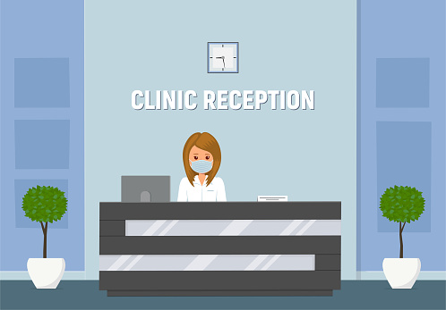 Reception room at clinic. Receptionist in medical mask behind workplace in clinic. Modern hospital or clinic reception interior. Vector illustration in flat style.